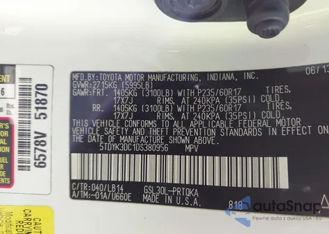 2013 Toyota Sienna Xle V6 8 Passenger z USA, uszkodzony, nr VIN 5TDYK3DC1DS380956